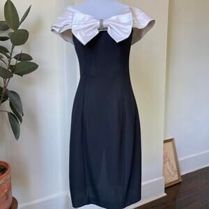 Jessica Howard Vintage Black White Satin Shoulder Bow Dress